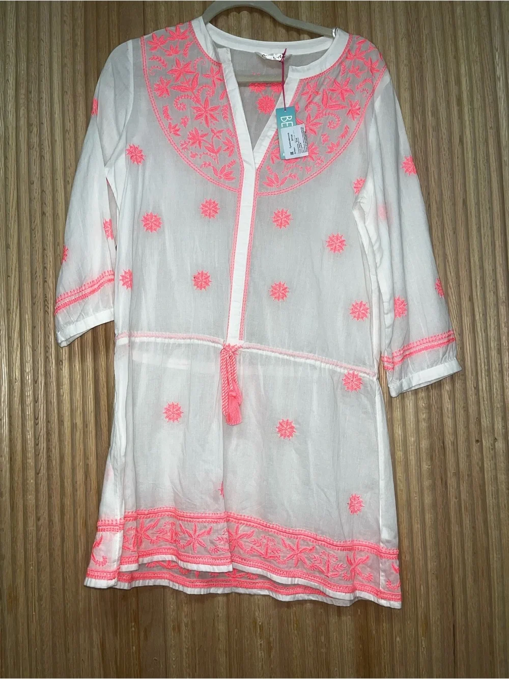 Accessorize White Tunic with Neon Coral Embroidery